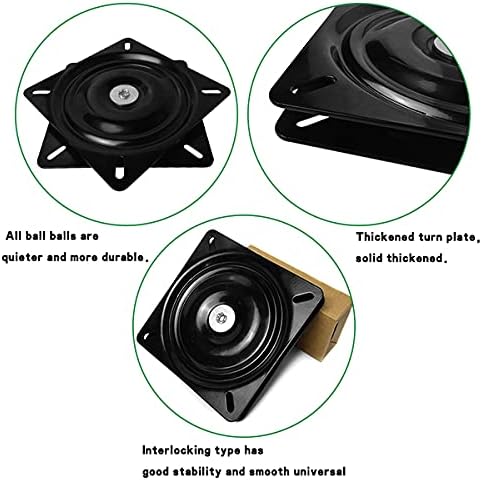 Black turntable bearing components with text describing features on a white background