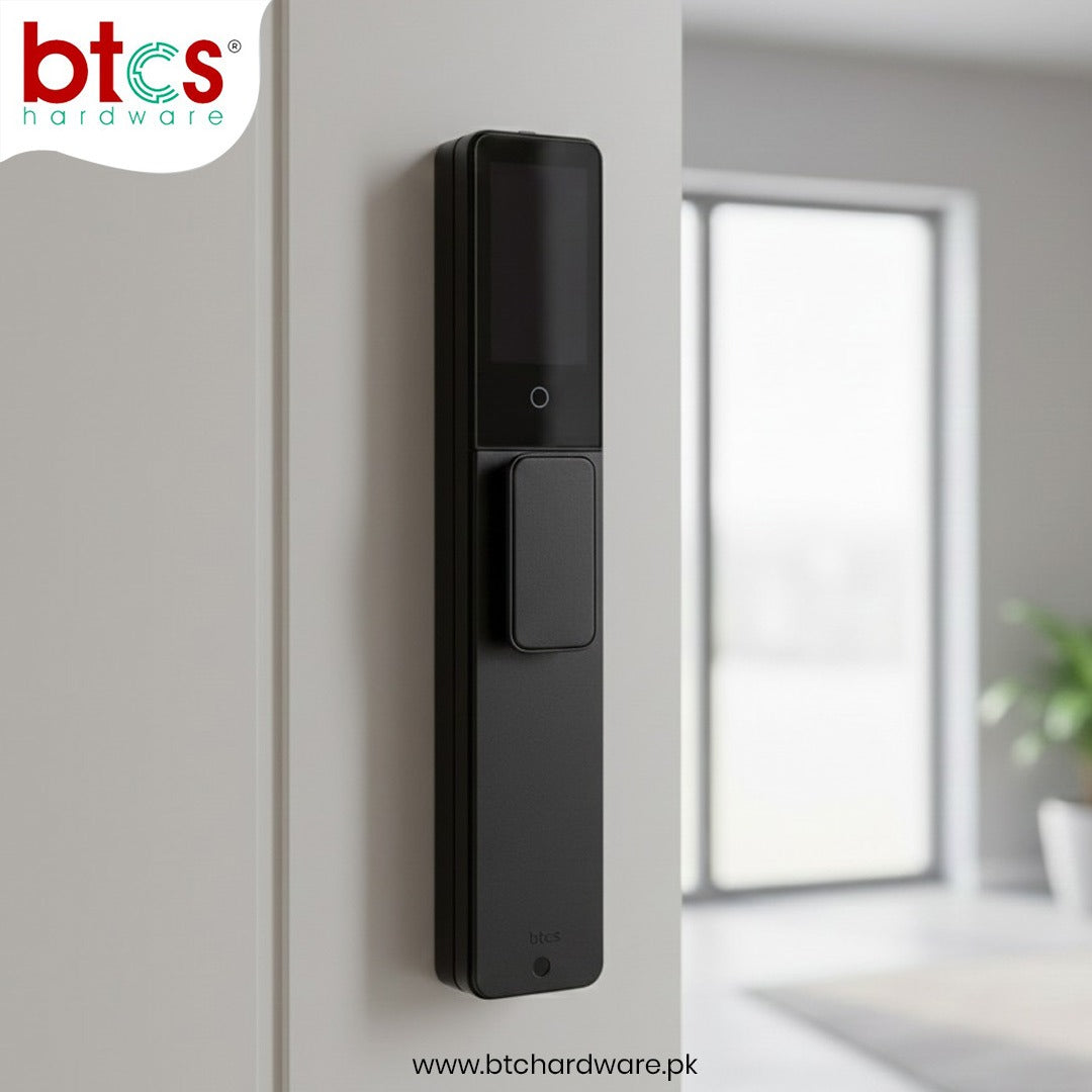 Black digital door lock mounted on a white door with 'btcs hardware' branding.