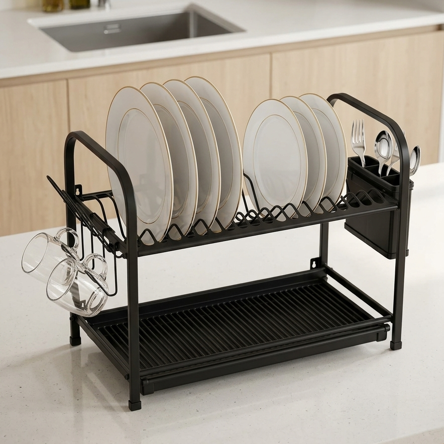 Black dish rack with plates