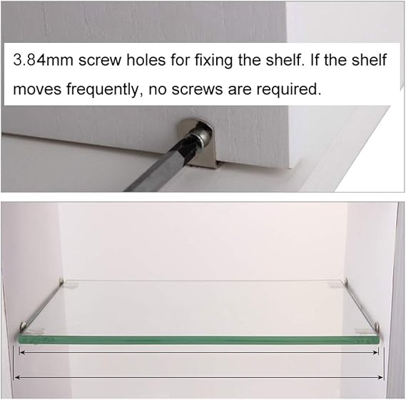 Glass shelf with screw holes and text explaining shelf movement requirements.