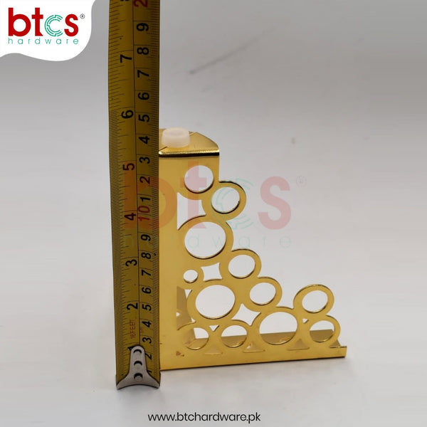 Gold corner bracket with a ruler for scale on a white background, featuring the Btcs Hardware logo.