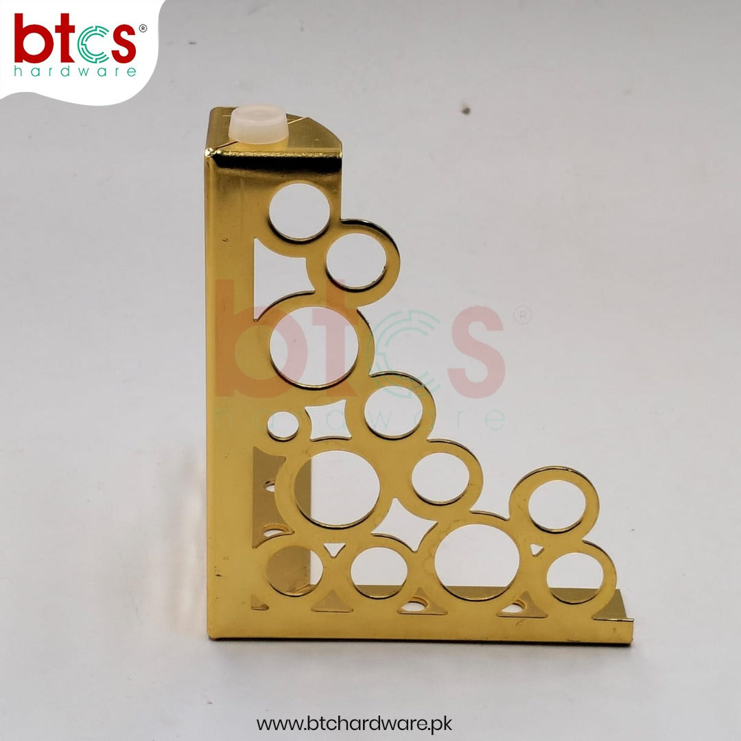 Gold metal bracket with circular cutouts on a white background, branded 'btcs hardware'.