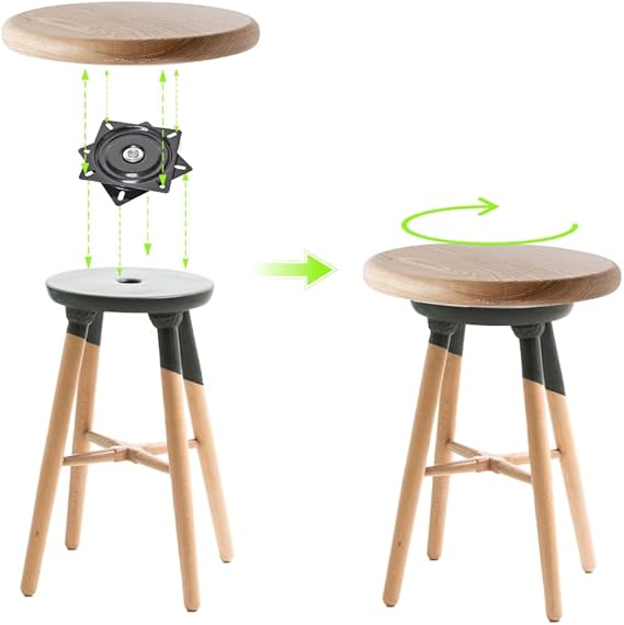 Two stools with wooden tops and black seats