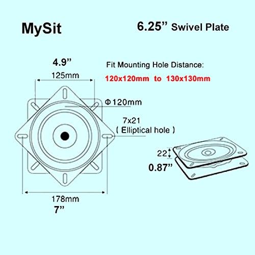 Technical drawing  swivel plate with dimensions and specifications.