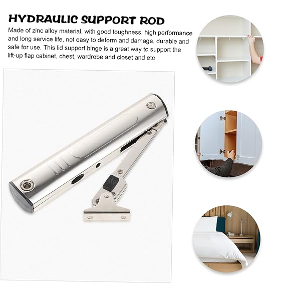 Hydraulic support rod with applications shown in images of cabinets and furniture.