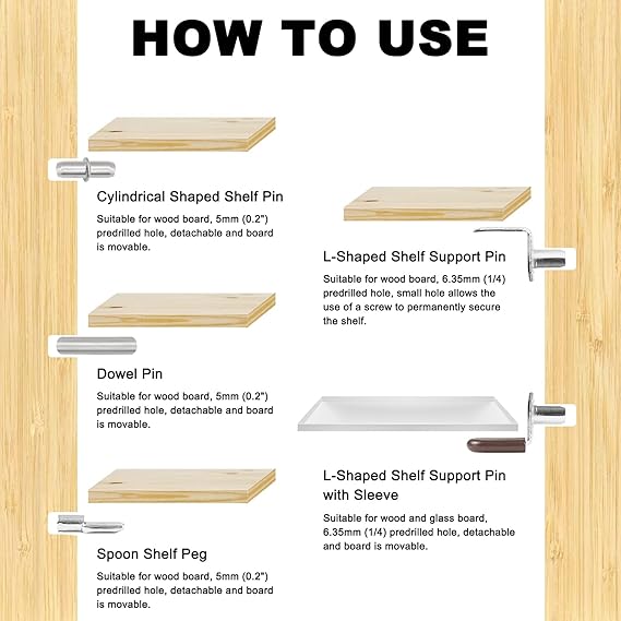Instructions on how to use different types of shelf pins with a wooden background.