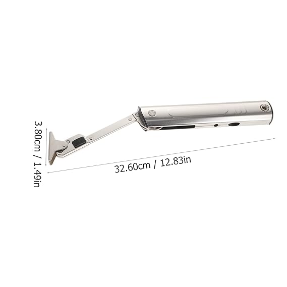 Metal door closer with dimensions labeled on a white background