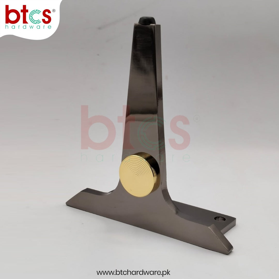 Metal door handle with gold accent on a white background, featuring the BTCs Hardware logo.