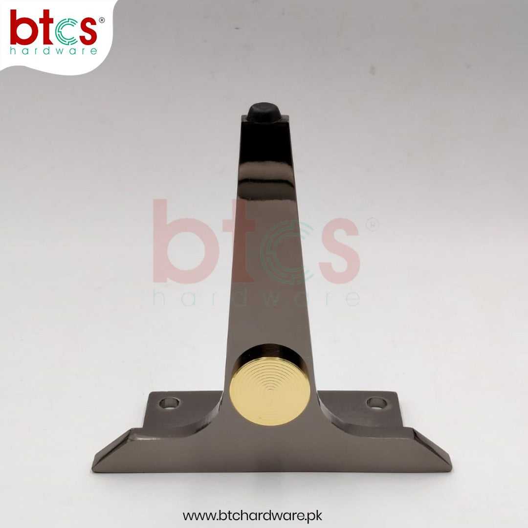 Metal door handle with gold accent on a white background, featuring the btcs hardware logo.