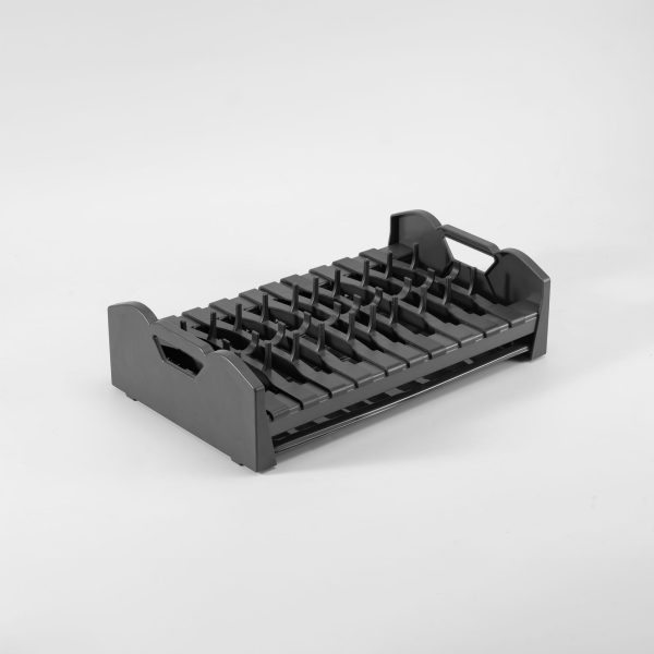 Black plastic tool organizer on a white background