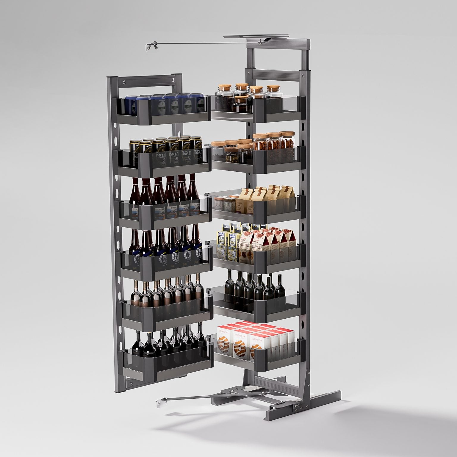 Multi-tiered shelving unit with bottles and products on a gray background
