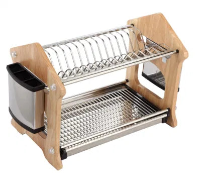 Two-Tier Wooden Dish Rack with Stainless Steel Accents