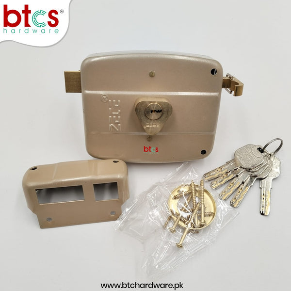 Beige door lock set with keys and accessories on a white background, featuring btcs hardware branding.
