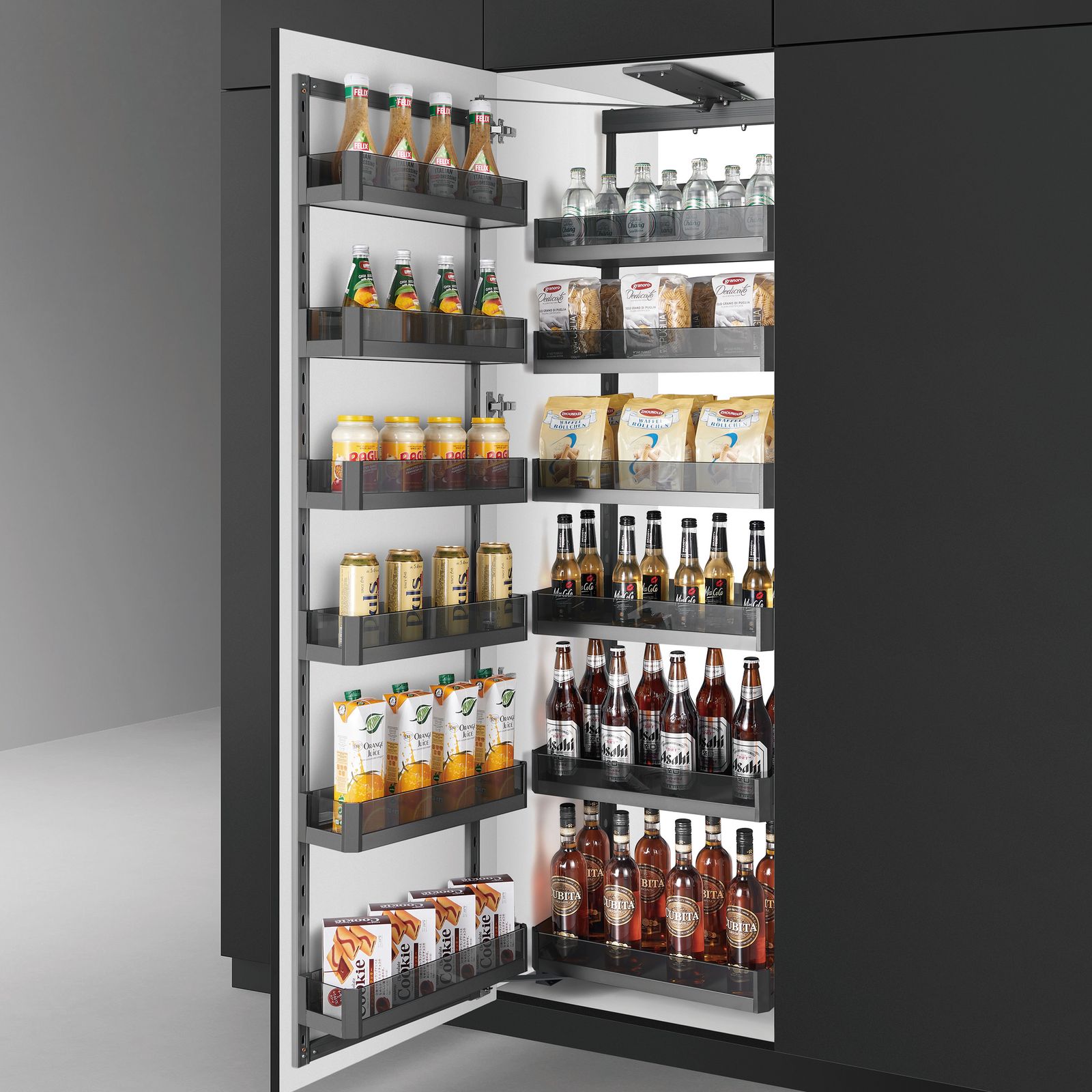 Shelving unit with various bottles and products in a kitchen setting