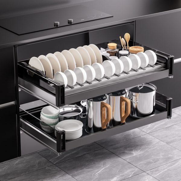 Kitchen drawer organizer with plates, bowls, and pots in a modern kitchen setting.