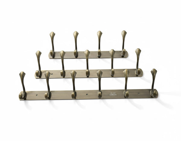 Wall-mounted coat rack with multiple hooks on a white background
