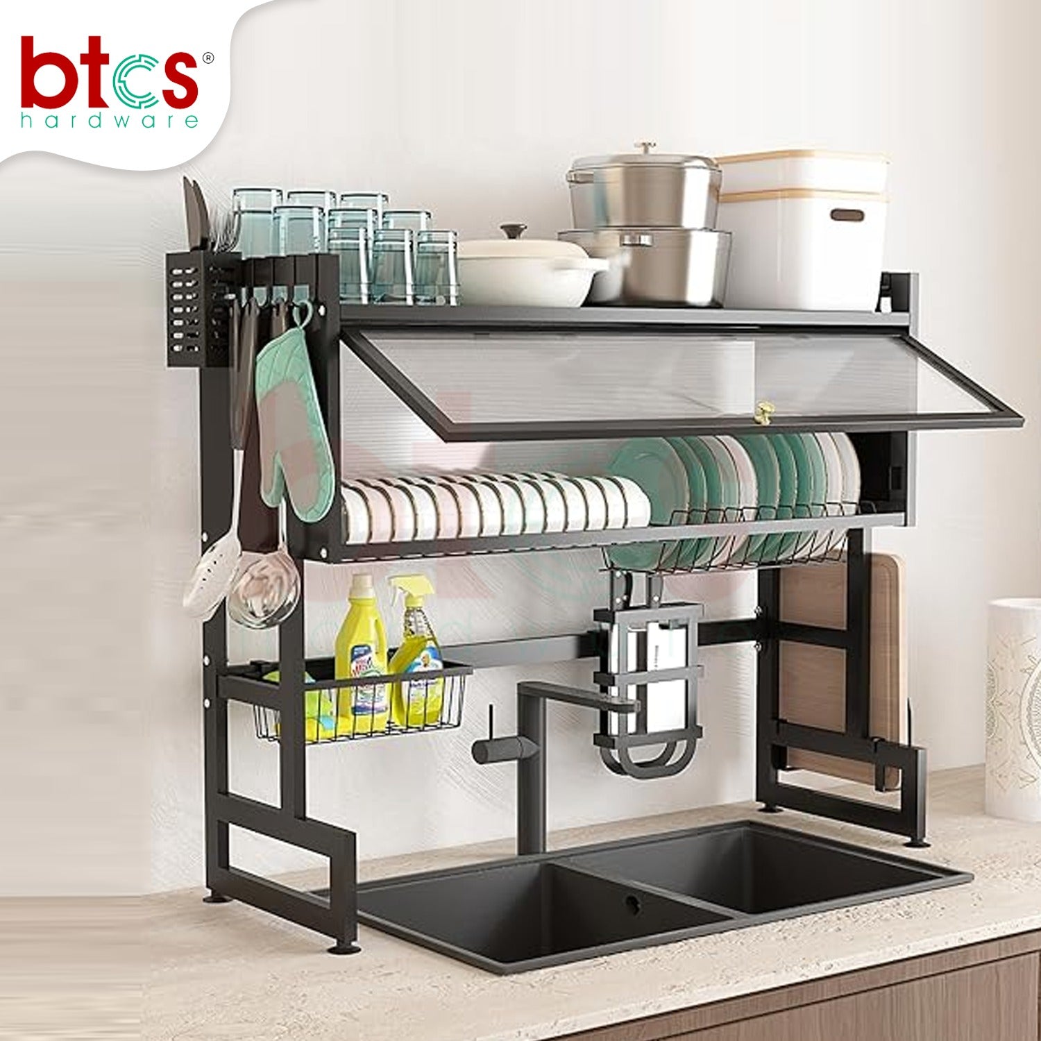 Two-Tier Dish Rack with Cover for Kitchen