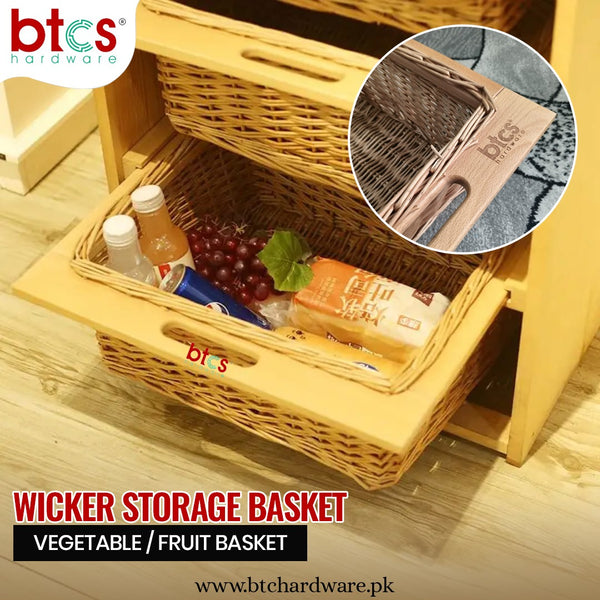 Wicker storage basket with food items 