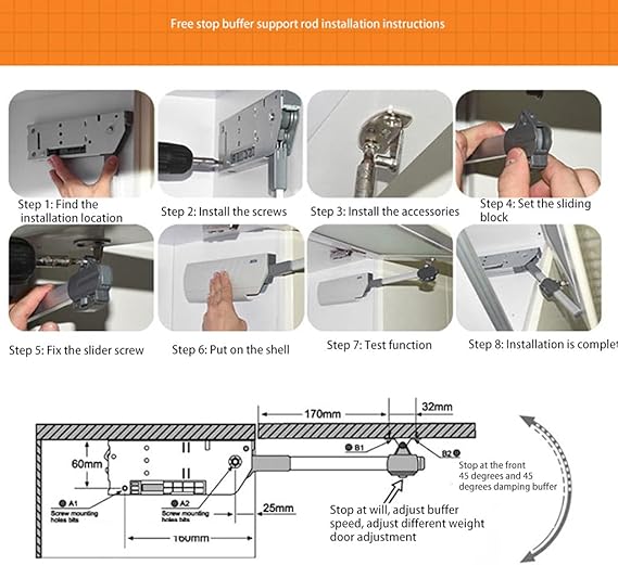 Step-by-step installation instructions for a free stop buffer support rod with visual steps and diagram.