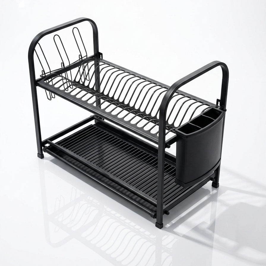 Black metal dish rack with storage compartments on a white background