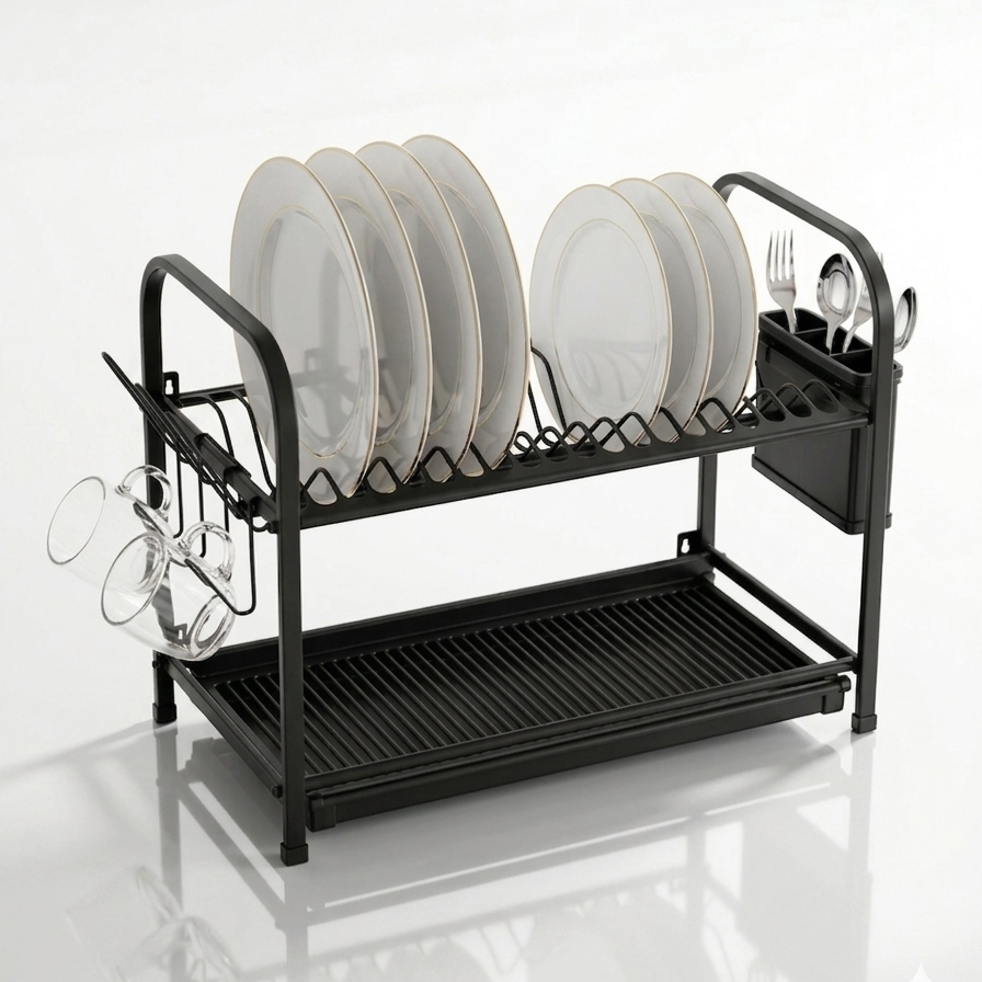 Black dish rack with plates, glasses, and utensils on a white background